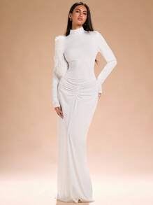 SHEIN SXY Đầm cổ lọ dài xếp ly thu đông cho phụ nữ quần áo mùa thu Quần áo Halloween Đầm Hoco - trắng - Xem 3