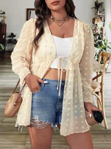 Flirla 大码长袖系带荷叶边袖口喇叭下摆休闲宽松夹克 - 杏色 - 查看 7