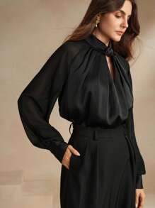 Anewsta 黑色现代都市镂空缎面长袖衬衫