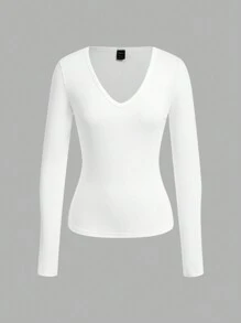 SHEIN EZwear 3 peças Conjunto de Camiseta de Manga Longa com Decote em V Profundo e Elástico, Adequado para Outono e Inverno