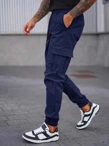 Manfinity Homme 男士日常休闲抽绳口袋压胶设计慢跑裤，适合秋季 - 藏蓝色 - 查看 4