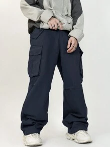 Manfinity Hypemode Men's Casual Cargo Pants With Flap Pockets And Drawstring Waist - Navy Blue - View 3