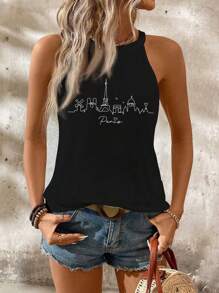 SHEIN LUNE Áo yếm cổ tròn in chữ thành phố Paris thường ngày cho nữ, thích hợp cho mùa hè - màu đen - Xem 1