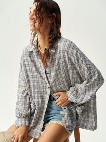 Bohemela 女士度假格子图案休闲衬衫、长袖上衣