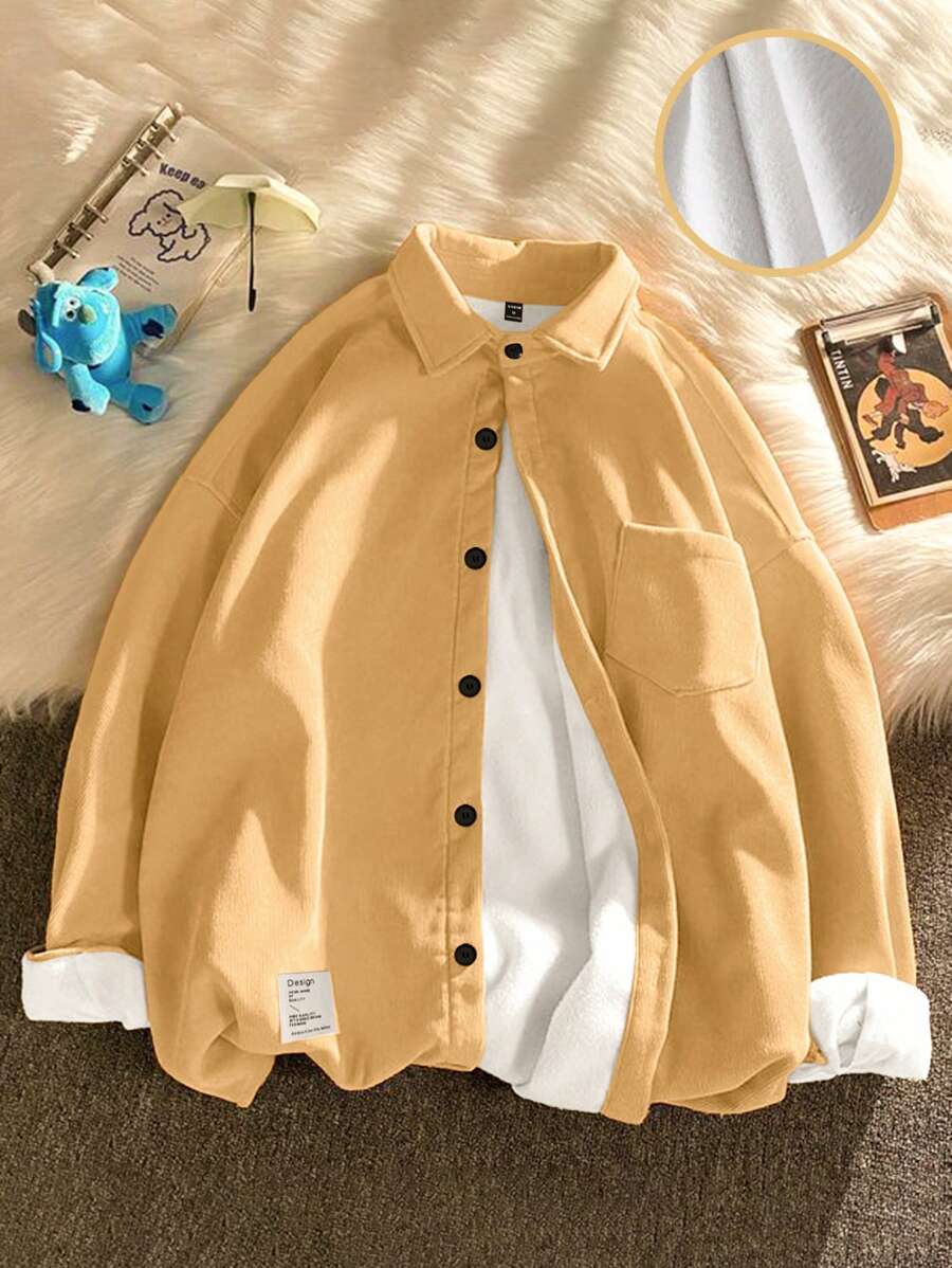Manfinity Hypemode Men's Plain & Simple Daily Wear Long-Sleeved Shacket, Corduroy - Khaki - View 1