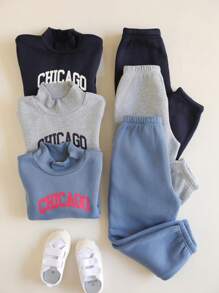 SHEIN 6pcs/Set Kids/Young Boys Casual Korean Style Letter Print Mock Neck Sweatshirt And Solid Drawstring Pants 2 Piece Knitted Outfit, Suitable For Layering With Jackets For Outing, Party, School, Play, Fleece, Thickened