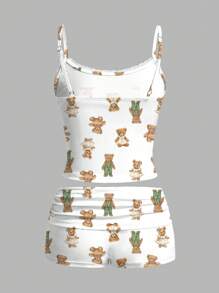 SHEIN EZwear 2 pezzi/Set Canotta e pantaloncini con stampa minimalista casual di orso cartoni animati, taglio slim, taglie forti, estate