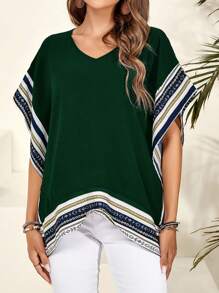 Women's Summer Spliced ​​Web V-Neck Loose Shirt - Dark Green - View 5