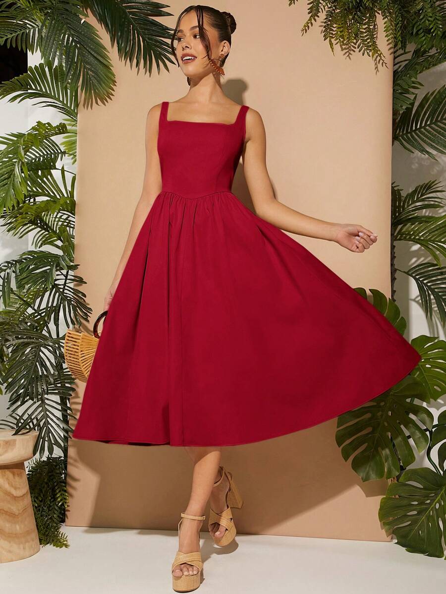 L'Amorae Square Neck Sleeveless Solid Dress - Red - View 1