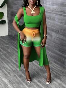 Slaydiva 3 piezas Set básico informal de ropa de playa para vacaciones para mujeres: camiseta sin mangas degradada, shorts con cordón, chaqueta sin mangas