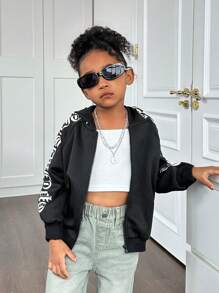 Young Girl Casual Letter Graphic Zip Up Raglan Sleeve Sweatshirt - Black - View 5