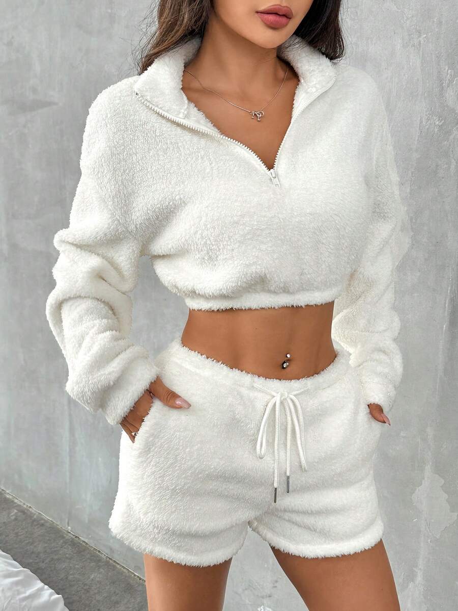Muchica Bộ áo nỉ và quần ngắn có khóa kéo bằng lông cừu màu trơn dành cho nữ, Thu/Đông - trắng - Xem 1