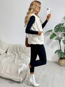 SHEIN LUNE 秋冬女士纯色纹理无袖连帽休闲日常夹克 - 白色 - 查看 6