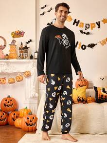 2 piezas Conjunto de pijama de manga larga con estampado de esqueleto y pizza para hombre en Halloween - Negro - Ver 8
