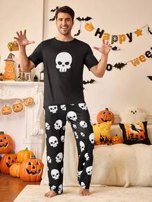 Juego de pijama cómodo con patrón de calavera para hombres, que combina con la familia para Halloween - Negro - Ver 9