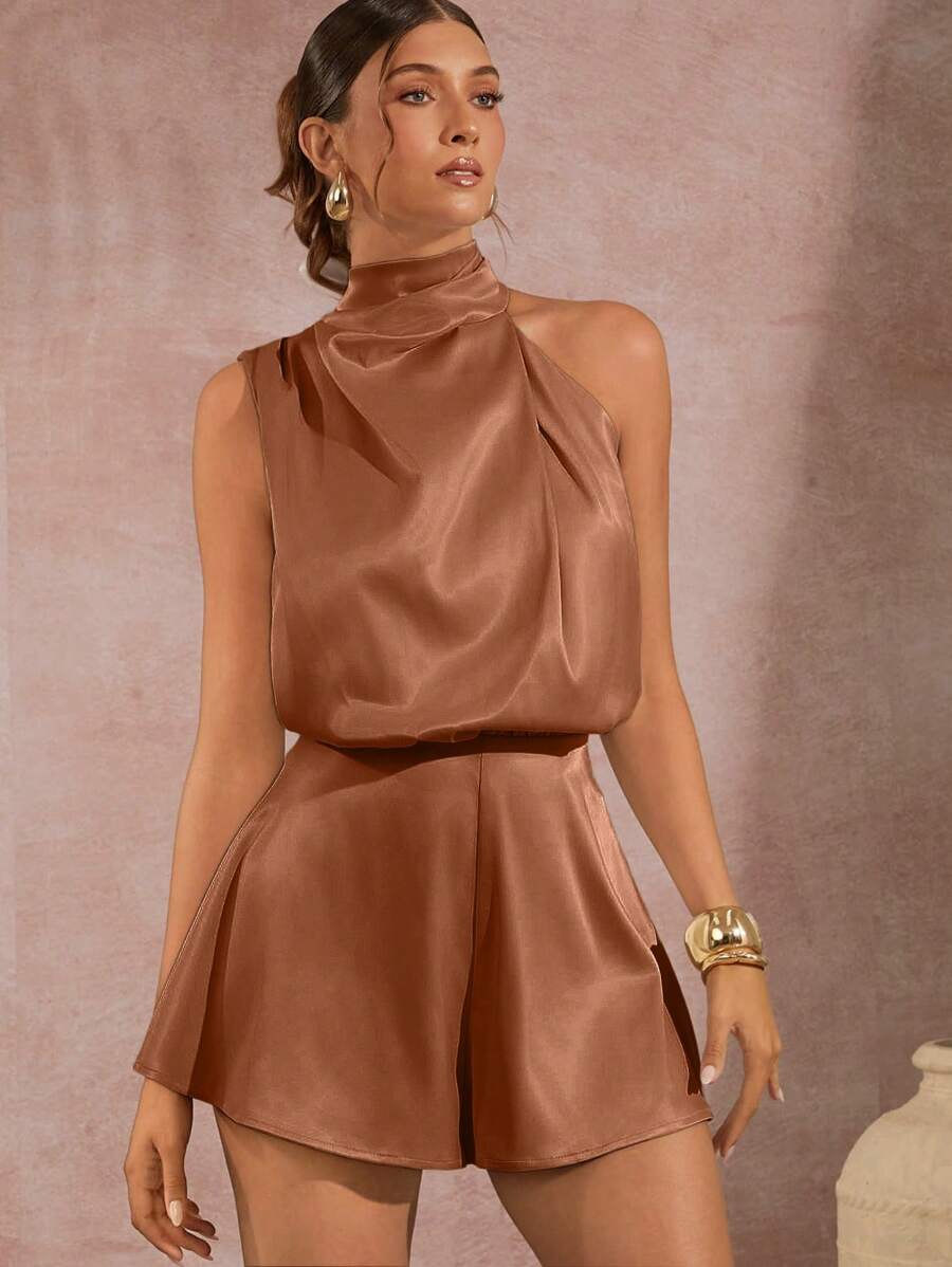 L'Amorae 不对称立领垂褶缎面连身裤 - 棕色 - 查看 1