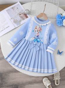Young Girl Cute Blue Sweater Dress, Princess Style Cartoon Design Knitted Dress For Children, Suitable For Daily Wear, Outings, Autumn & Winter - Blue - View 1