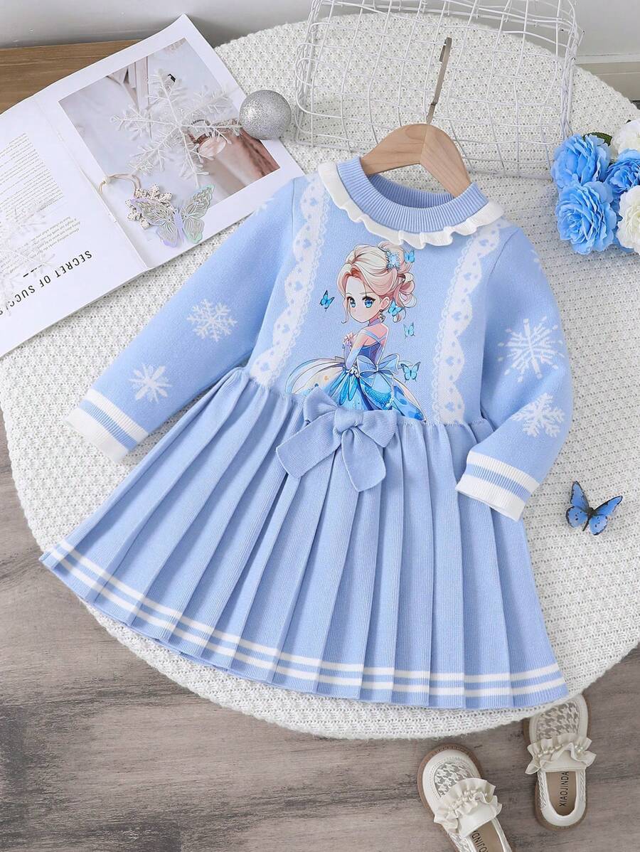Young Girl Cute Blue Sweater Dress, Princess Style Cartoon Design Knitted Dress For Children, Suitable For Daily Wear, Outings, Autumn & Winter - Blue - View 1