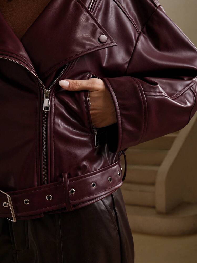 Women's Fashion High-End Wine Red PU Leather Short Jacket