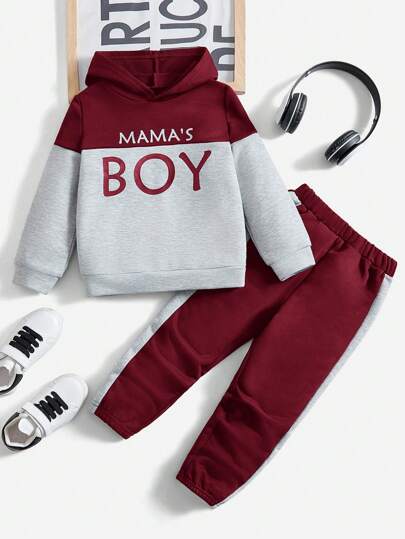 SHEIN Conjunto casual y cómodo de niño con sudadera con capucha de color contrastante, de felpa y reforzada
