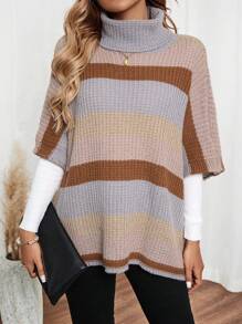 EMERY ROSE Women's High Collar Batwing Sleeve Loose Striped Casual Sweater, Autumn/Winter - Multicolor - View 6