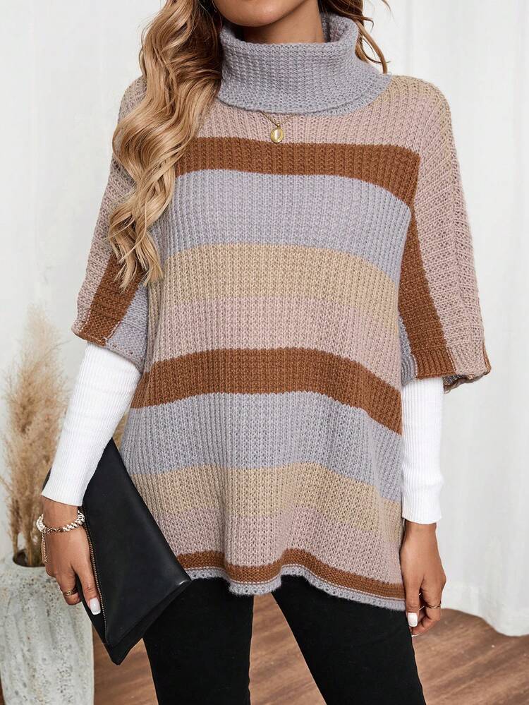 Women's High Collar Batwing Sleeve Loose Striped Casual Sweater, Autumn/Winter