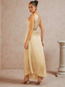 L'Amorae Asymmetric One Shoulder Satin Pleated Dress With Cut Out - Khaki - View 4