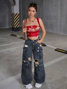 SHEIN Quần jeans ống rộng rách rưới phong cách Y2K dành cho nữ tuổi teen, thích hợp cho mùa thu đi học và phong cách đường phố Halloween. - Rửa tối - Xem 4