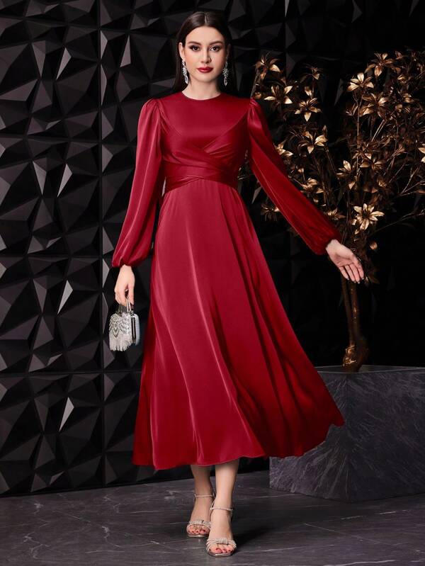 Modelyn Vestido Árabe de Manga Balão e Gola Redonda, Cor Sólida Vinho Tinto, Elegante Vestido Longo e Modesto para Festa Noturna, Vestido Longo de Manga Comprida Formal Elegante, Vestido de Festa Noturna Longo