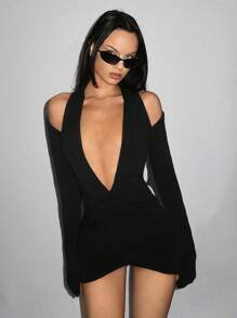 EgrlEra Deep V Neck Hollow Out Solid Color Short Casual Dress Y2K Outfit Club Outfits Holiday Dress Women 