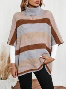 EMERY ROSE Women's High Collar Batwing Sleeve Loose Striped Casual Sweater, Autumn/Winter - Multicolor - View 1