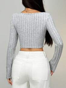 SHEIN EZwear Áo thun dài tay ôm sát cổ tròn màu trơn dành cho nữ, mùa xuân hè - Xám - Xem 2