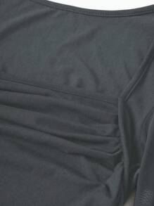 SHEIN Unity Áo liền quần dài tay màu trơn cổ thiên nga cho nữ mùa xuân và mùa hè - Màu xám đen - Xem 6