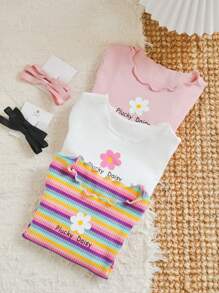 SHEIN Young Girl  3pcs /Sets  Basic  Knitted Solid Color Round Neck Flower And Letter Pattern Casual Long Sleeve  Lettuce Trim T-Shirt - Multicolor - View 3