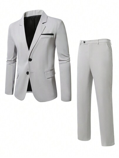 Calvornis Plus Size Men's Solid Color Lapel Neck Long Sleeve Jacket & Pants Casual Business Suit Set, Spring Autumn
