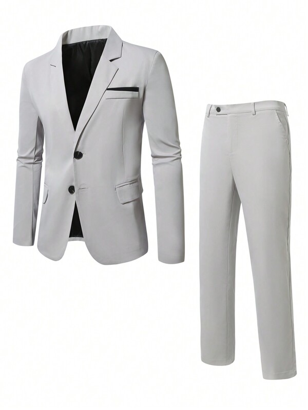 Calvornis Plus Size Men's Solid Color Lapel Neck Long Sleeve Jacket & Pants Casual Business Suit Set, Spring Autumn