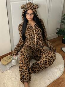 CovetEZ Women's New Plush Leopard Print Hooded Fashion Loose Jumpsuit - Brown - View 5