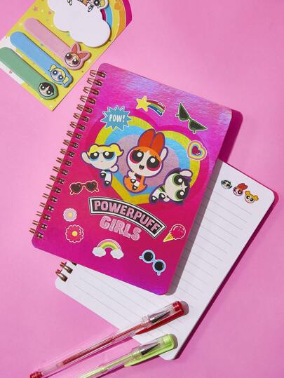 THE POWERPUFF GIRLS X SHEIN 1 pieza Cuaderno de espiral con figura de dibujos animados lindos Blossom, Bubbles, Buttercup y corazón impreso, adecuado para la escuela, el Día de San Valentín, Y2k
