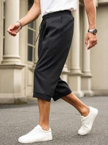 Manfinity Homme 大码男式纯色抽绳腰袋宽松七分裤 - 黑色 - 查看 5