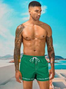 Surfspeed Men's Letter Printed Drawstring Waist Casual Beach Shorts - Green - View 3