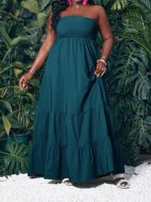 Slaydiva 大码女式度假休闲纯色编织无袖连衣裙，夏季 - 墨綠色 - 查看 3