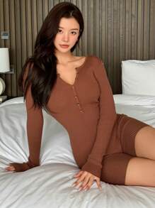 DAZY Knitted Ribbed Slim Fit Half-Zip Romper Loungewear - Brown - View 6