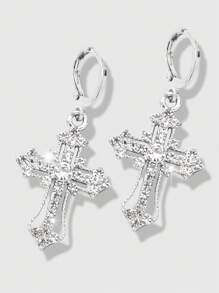 ROMWE Goth 1pair Fashion Zinc Alloy Rhinestone Cross Drop Earrings For Women For Daily Decoration - Silver - View 1