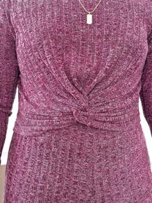 SHEIN Tween Girls Extended Size Fitted Casual Crew Neck Twist Front Top And Flare Pants 2pcs Set