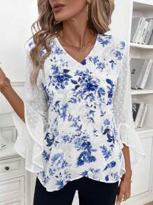 SHEIN Clasi Women's Spring & Summer Floral Print Contrast Mesh Flare Sleeve V-Neck Elegant Fall Clothes Halloween Costume Fall Wedding Winter Women Clothes Guest Fall Women Shirts Halloween Women Shirtswork Women Blouses Homecoming Blouse - Blue and White - View 4