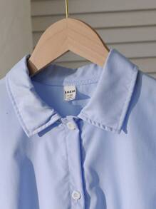 2pcs/Set Tween Girls' Collared Long Sleeve Pleated Dress & Sleeveless Heart Print Vest - Blue - View 5