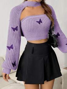 SHEIN Unity Bộ 2 chiếc áo len thêu bướm mùa thu/đông và áo crop top dệt kim - Màu tím hoa cà - Xem 5