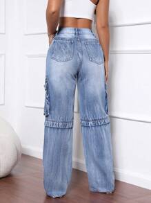 SHEIN SXY Jeans anchos de pierna ancha con bolsillo cargo de ajuste suelto y relajado para mujer