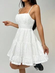 SHEIN EZwear Women's Summer Casual Solid Color Hollow Out Embroidered Spaghetti Strap Mini Dress