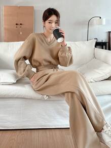 DAZY 2pcs Women's Loose Solid Color Cropped Sweatshirt And Pants Set,Fall Clothes,Thermal Lined Lounge Sets For Women - Apricot - View 6